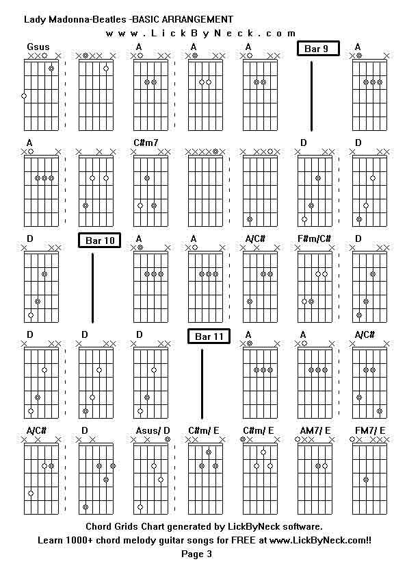 Chord Grids Chart of chord melody fingerstyle guitar song-Lady Madonna-Beatles -BASIC ARRANGEMENT,generated by LickByNeck software.